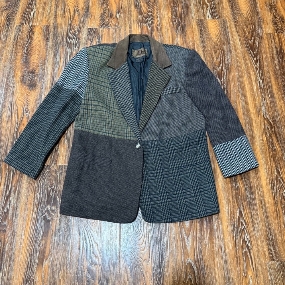 JL‎ Colebrook Womens Vintage Patchwork Wool Blazer Leather Collar Brown Plaid S